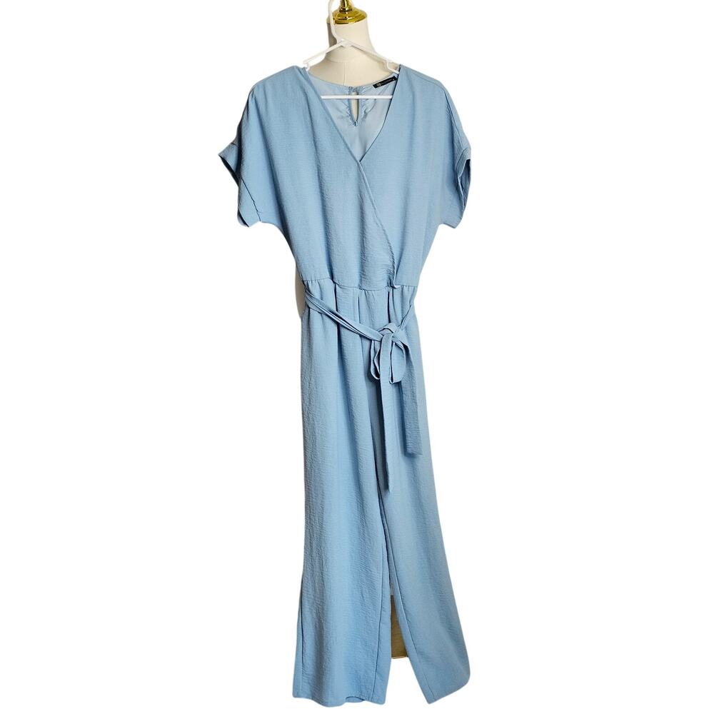 Chic M Sky Blue Faux-Wrap Wide-Leg Flowy Jumpsuit